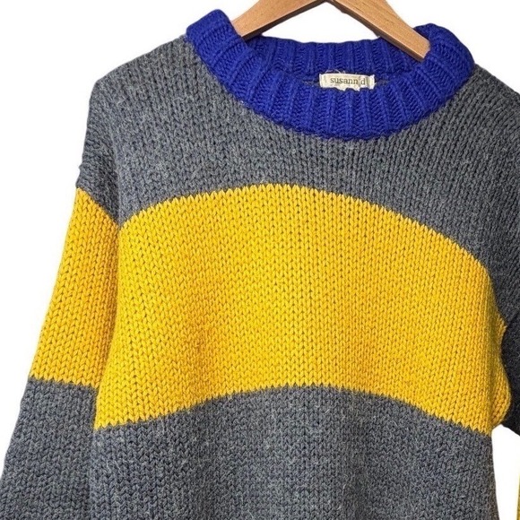 Sweaters - Vintage Susann D. Fuzzy Yellow Stripe Wool Blend Sweater‎ S Colorblock Pullover
